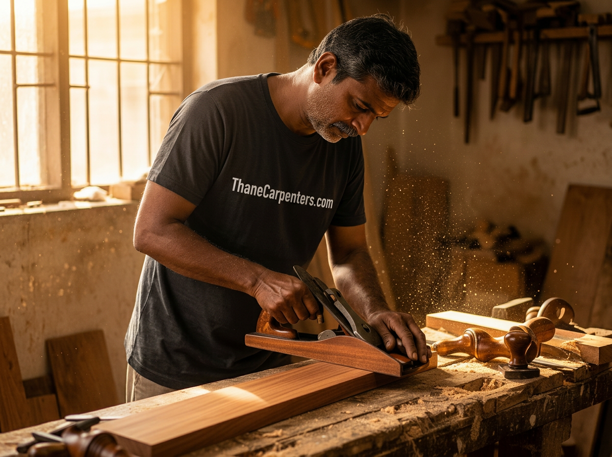 Senior carpenter hand-planing teak in our Thane workshop